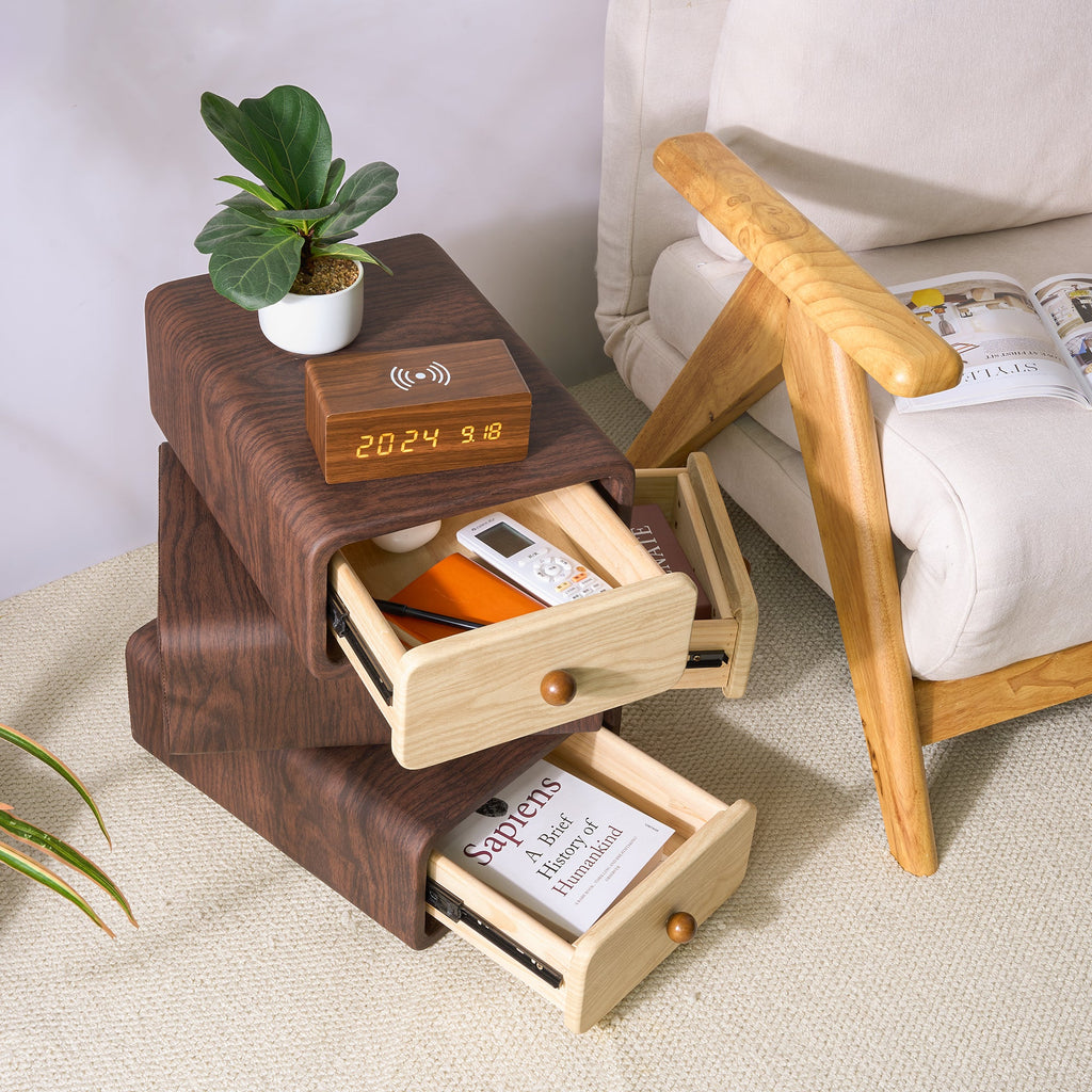 Rotatable 3-Tier Drawer Storage Cabinet, Wooden Stackable Nightstand with Drawers for Bedroom, Living Room Organization