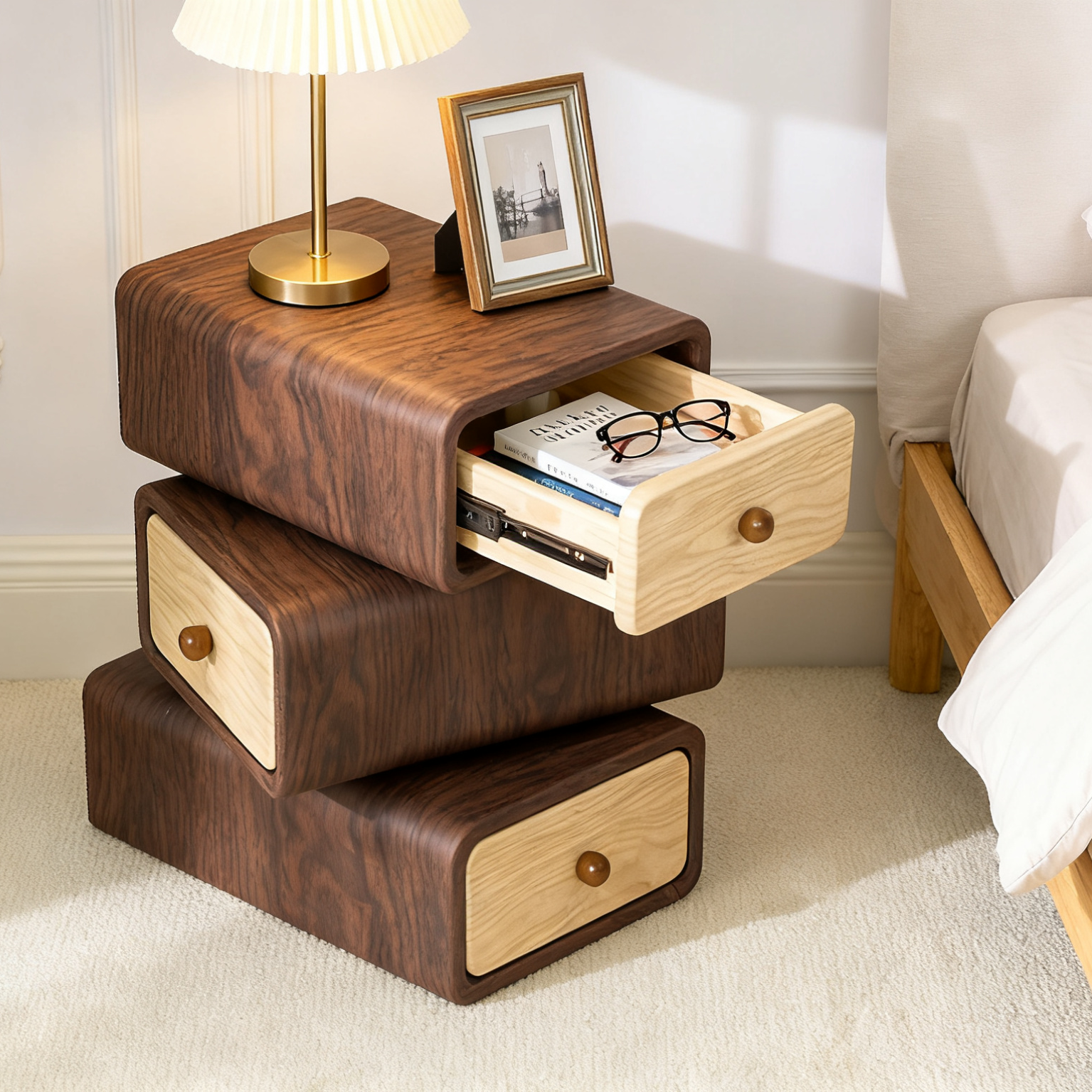 Rotatable 3-Tier Drawer Storage Cabinet, Wooden Stackable Nightstand with Drawers for Bedroom, Living Room Organization